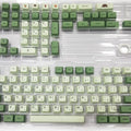 124-key matcha green PBT keycap set for mechanical keyboards, showing multiple language legend options.