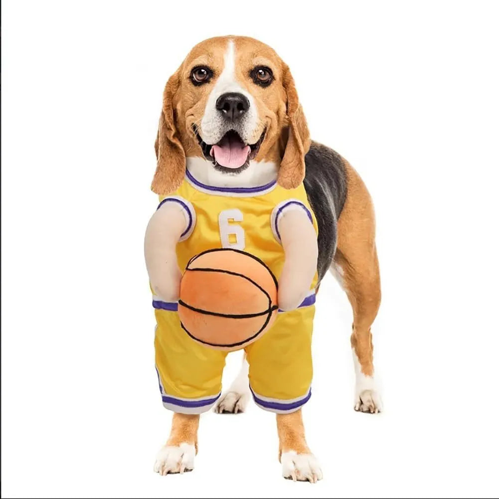 Red or yellow dog basketball costume with matching ball toy, shown in small, medium, and large pet sizes.