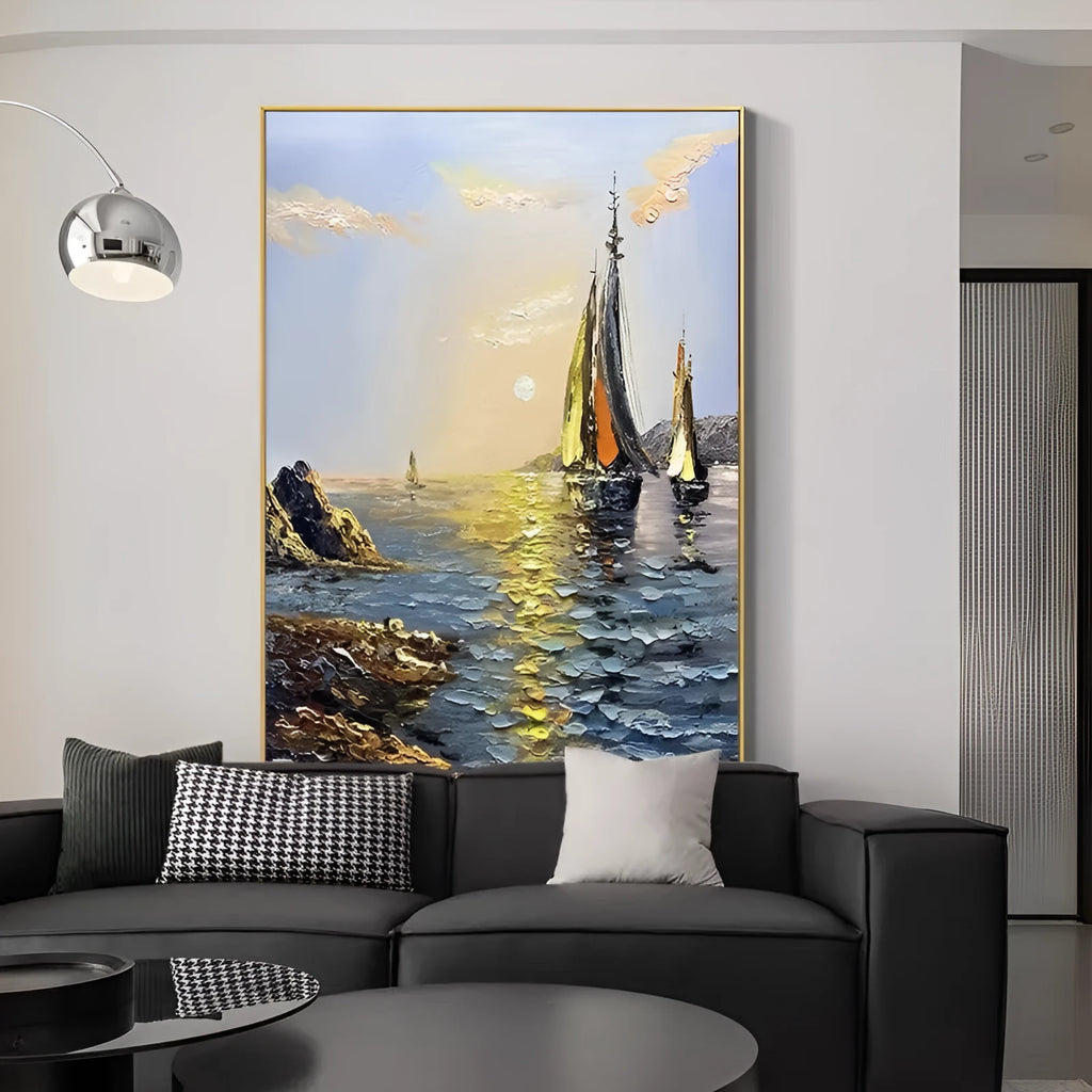 Sea boat handmade oil painting on canvas, vertical landscape, unframed, modern style, suitable for living room wall decor