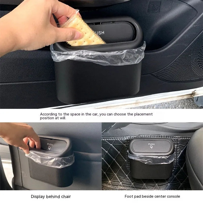 Black folding car trash can with seat mounting bracket and waterproof plastic construction