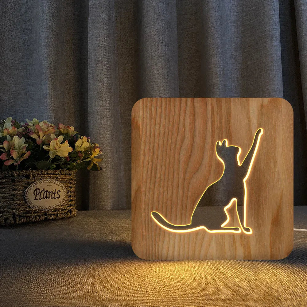 Solid wood cat 3D night light with hollow silhouette, USB power cord, pastoral design style