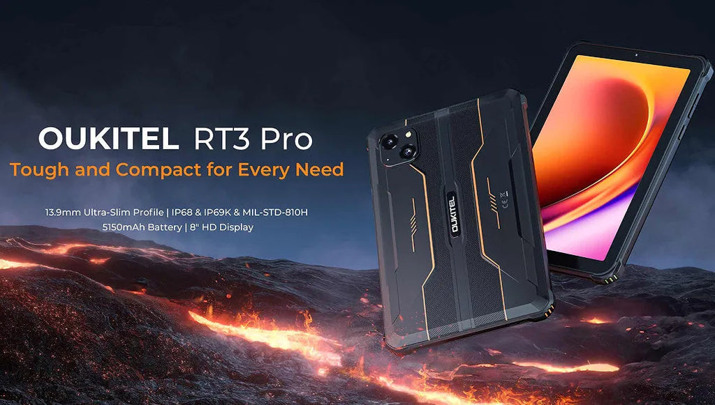 RT3 PRO mobile phone in orange, grey, or green colour with included charger.