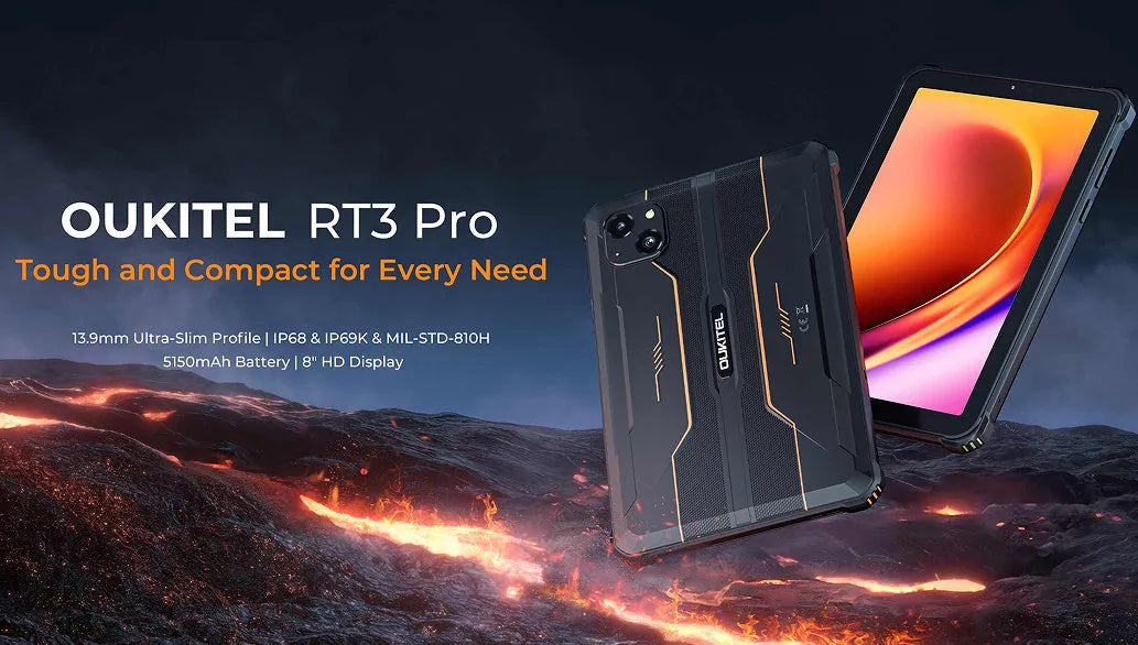 RT3 PRO mobile phone in orange, grey, or green colour with included charger.