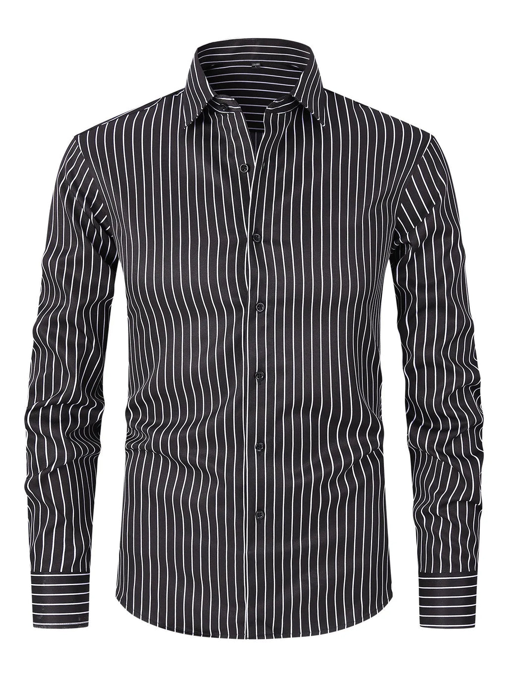 Men's slim fit striped long sleeve business shirt in ice silk polyester fabric.