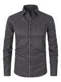 Men's slim fit striped long sleeve business shirt in ice silk polyester fabric.