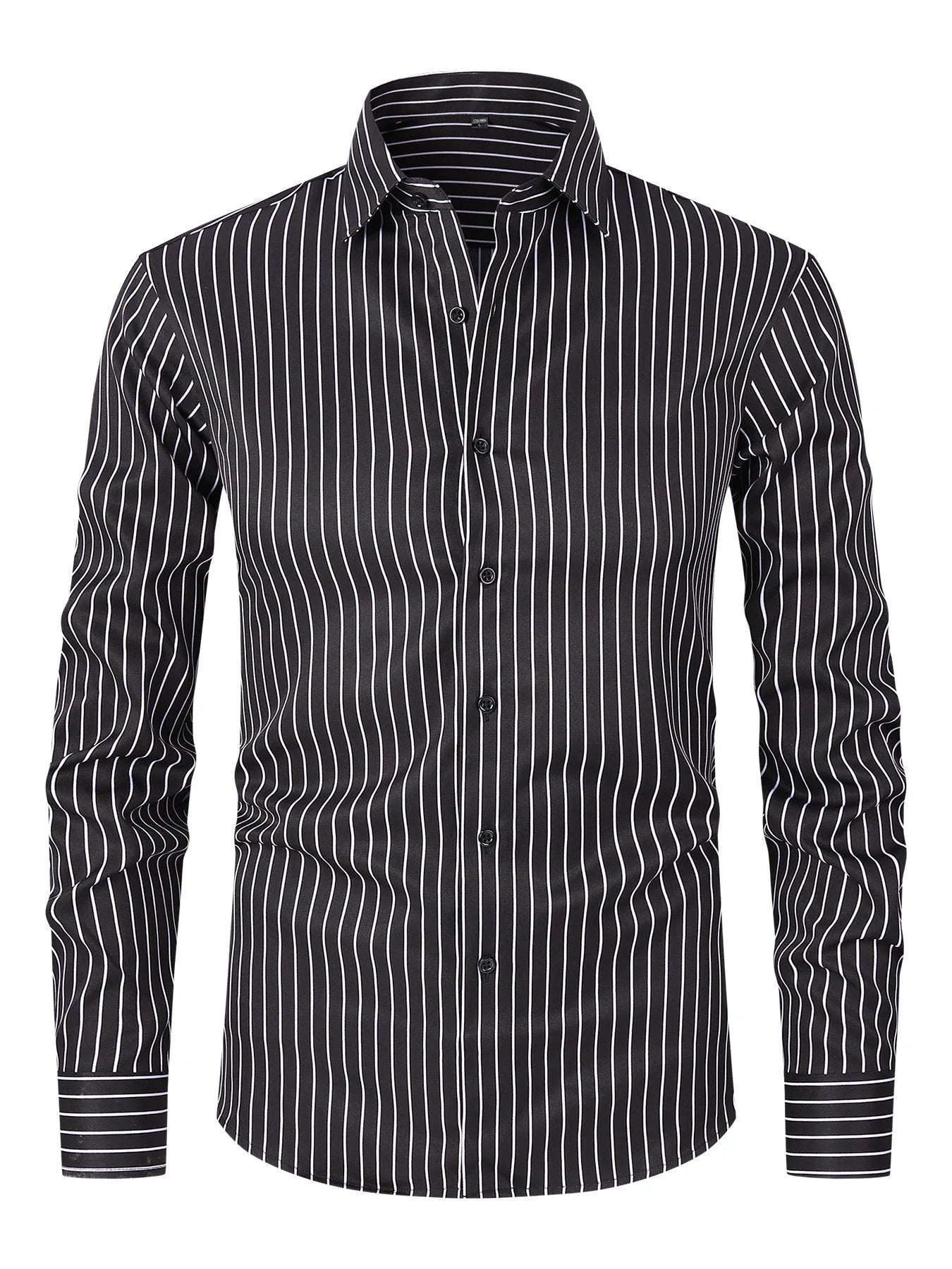 Men's slim fit striped long sleeve business shirt in ice silk polyester fabric.