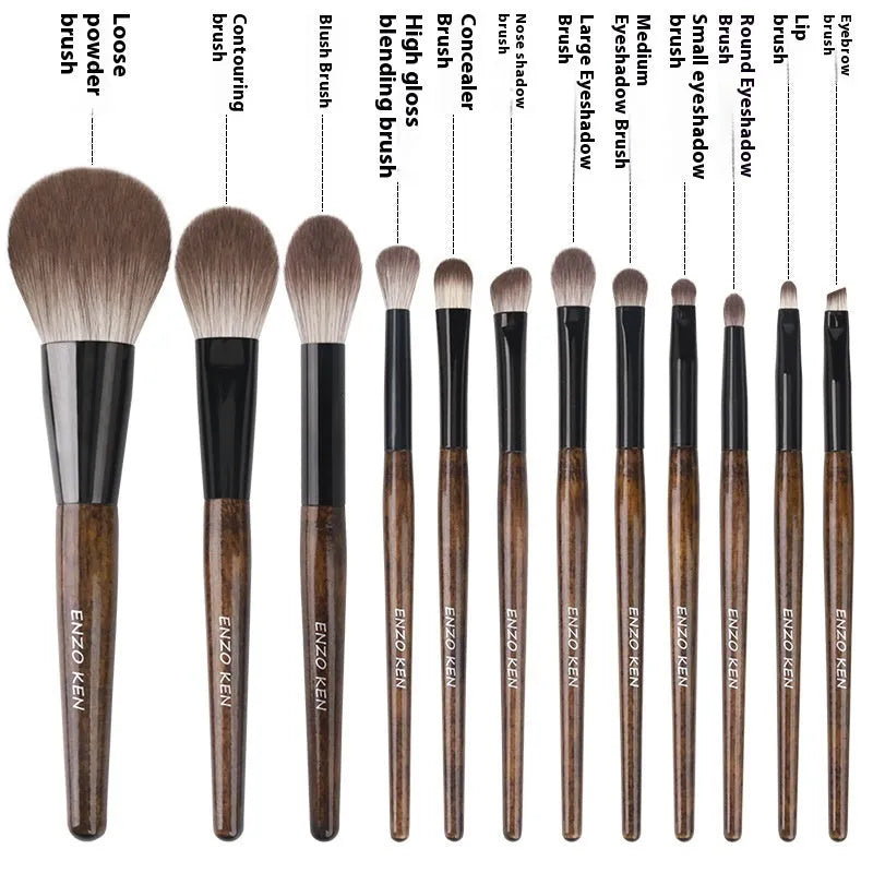 12 piece makeup brush set with wooden handles in PU organiser case