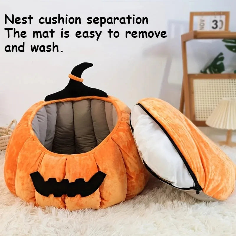Orange plush Halloween pumpkin cat bed with cartoon devil face for small dogs