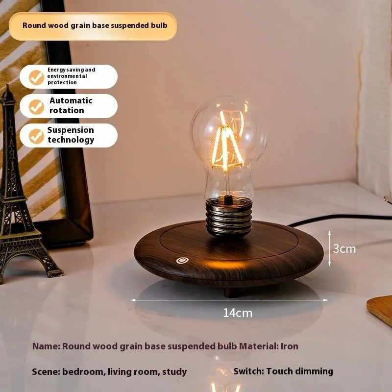 Creative suspension bulb desk lamp with iron art frame and wood grain base on table