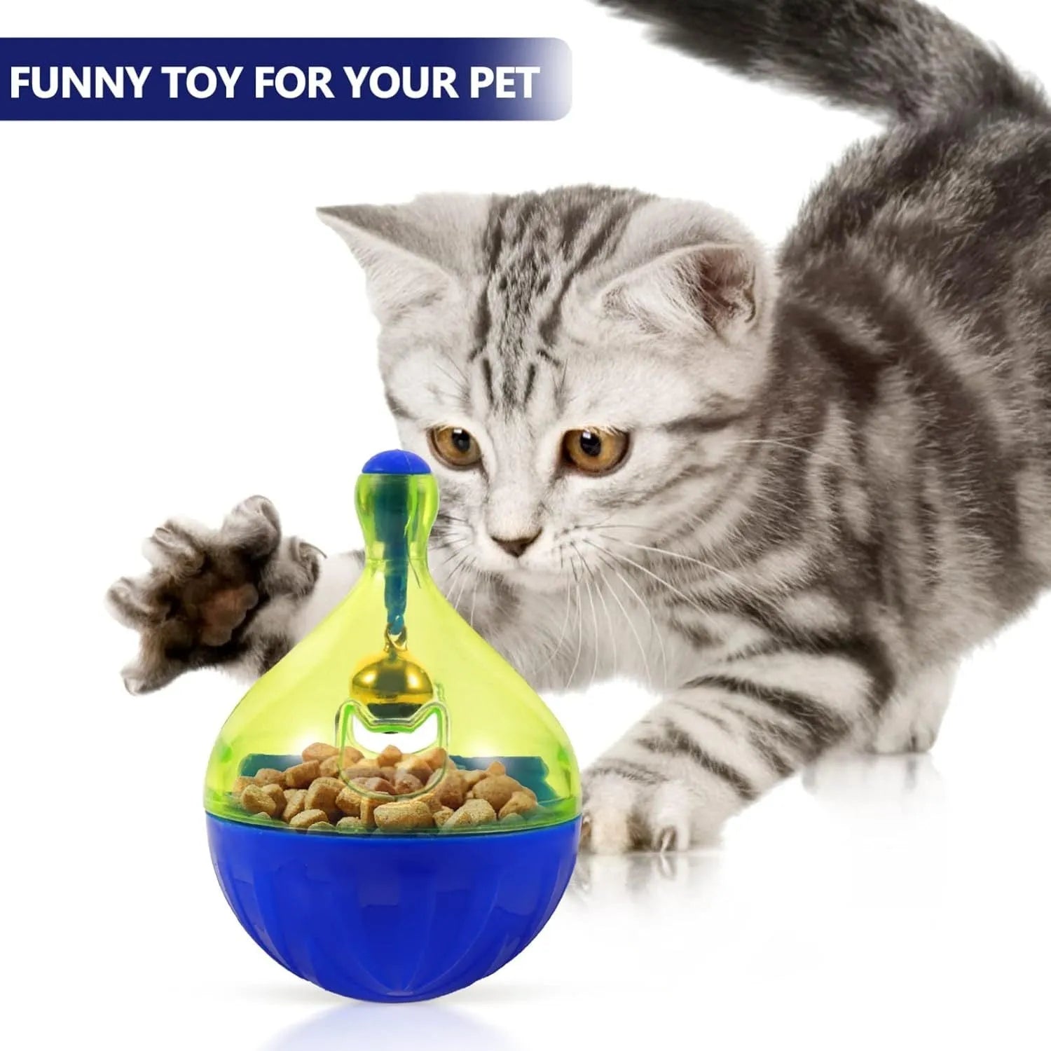 Tumbler-shaped interactive treat dispenser toy for dogs and cats on a floor.