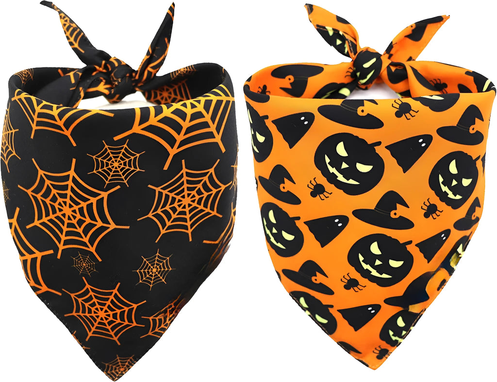 Black and orange reversible Halloween dog bandana with pumpkin and spider web patterns on a dog.