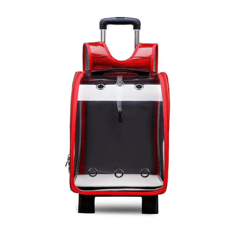 Blue transparent pet trolley bag with shoulder strap for carrying a small dog