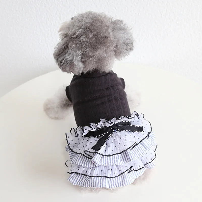 Polka dot lace princess cake dress for a small dog, shown in taro purple colour.