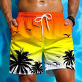 Men's loose board swimming trunks in an ethnic style pattern, made from blue polyester fabric.
