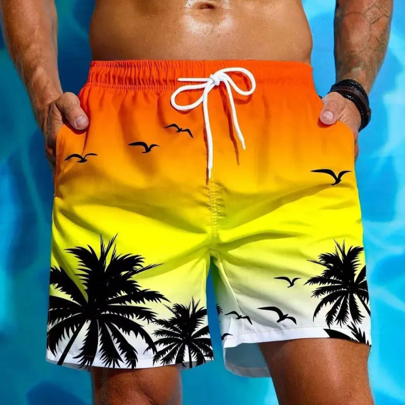 Men's loose board swimming trunks in an ethnic style pattern, made from blue polyester fabric.
