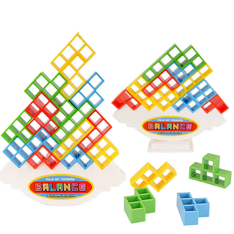 Plastic balance stacking game with colourful blocks, chassis, and base in packaging.