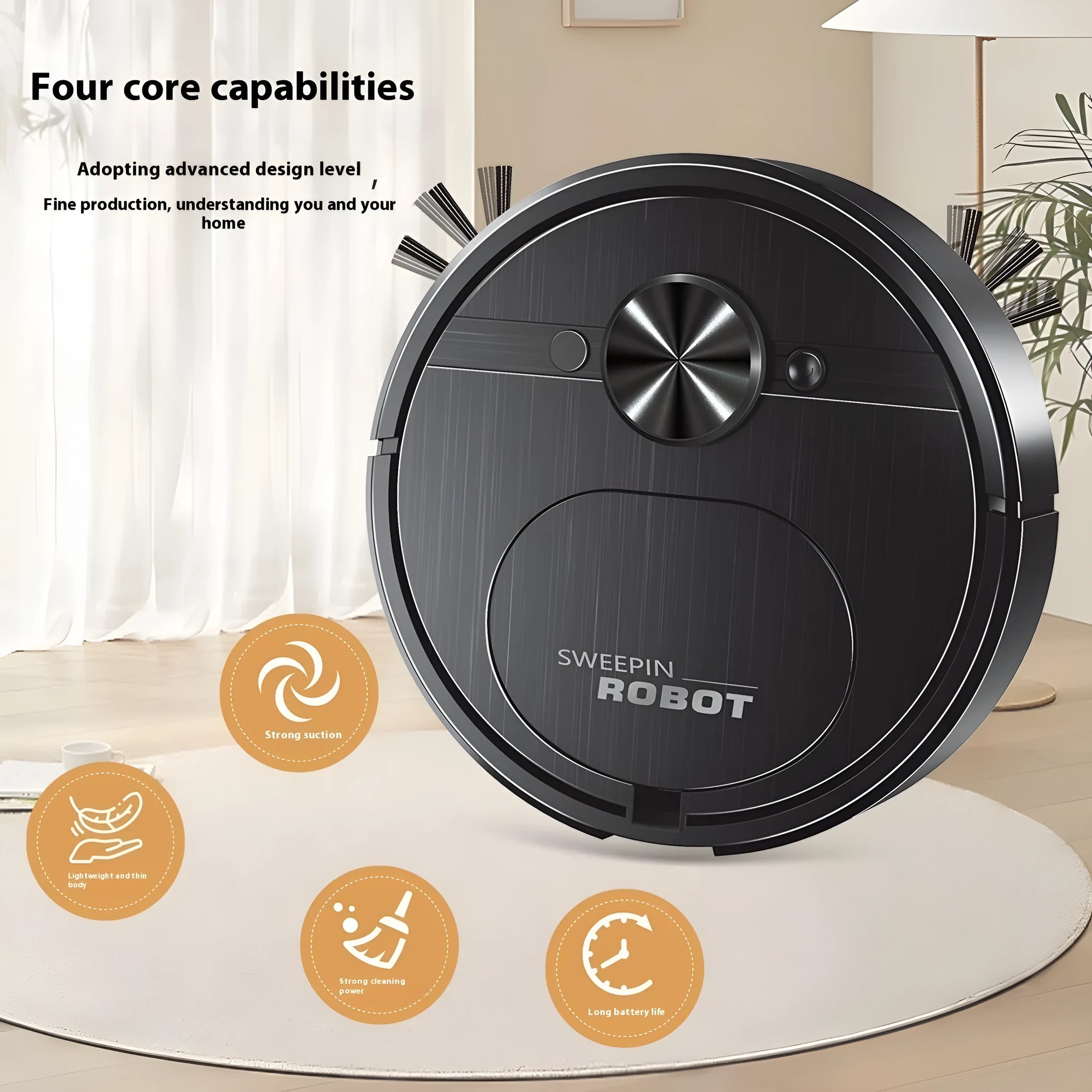 Black or white three-in-one robot vacuum cleaner with sweeping brushes and a mopping attachment.