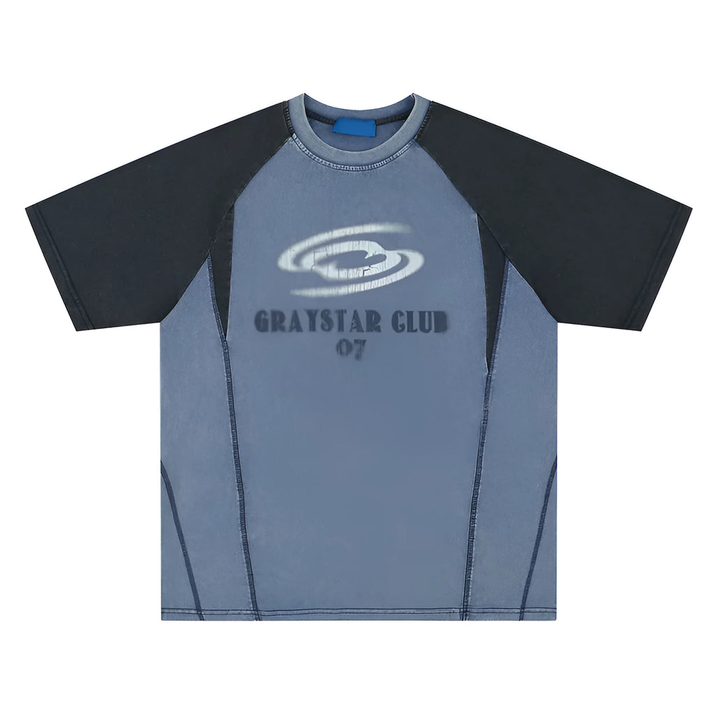 Men's blue hip hop letter print t-shirt with raglan sleeves and loose fit casual styling
