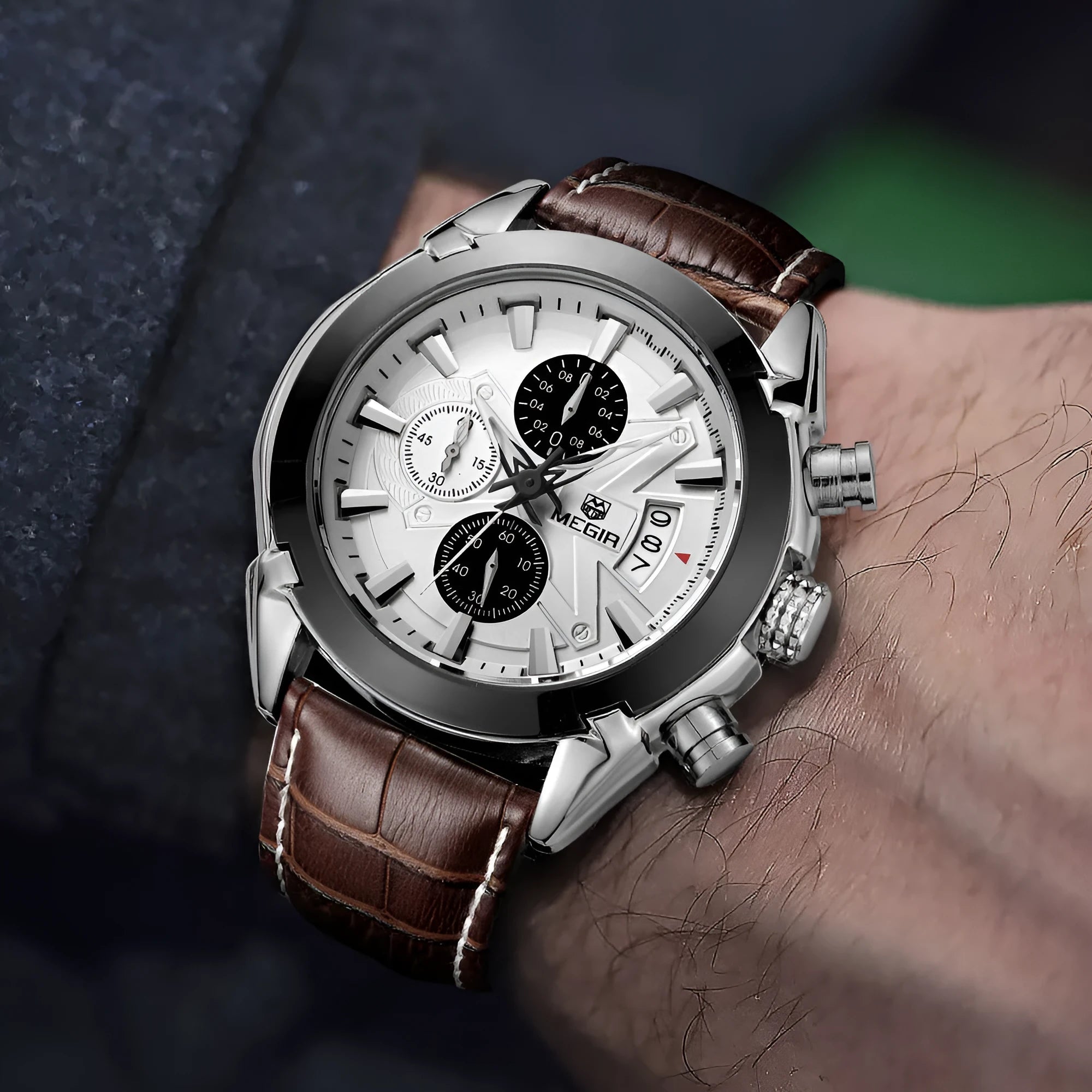 Men's quartz chronograph watch with three-eye display and luminous hands on black or brown dial