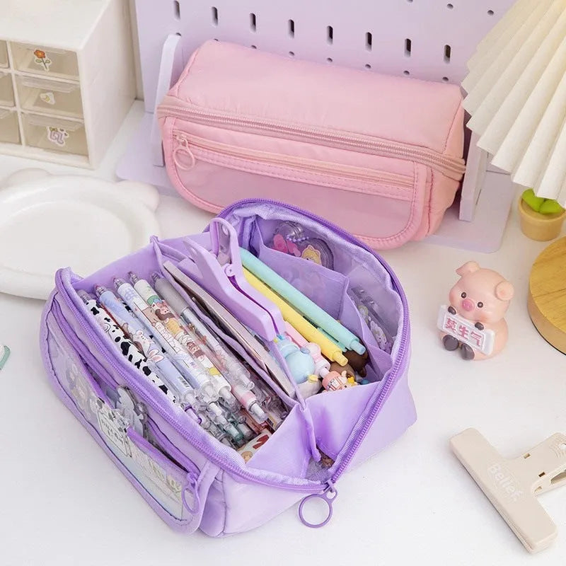 Korean-style canvas pencil case with ten-layer flip design in six colour options