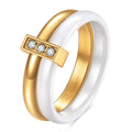 Ceramic women's ring with glossy stitching inlaid zirconium geometric design in steel black or gold white