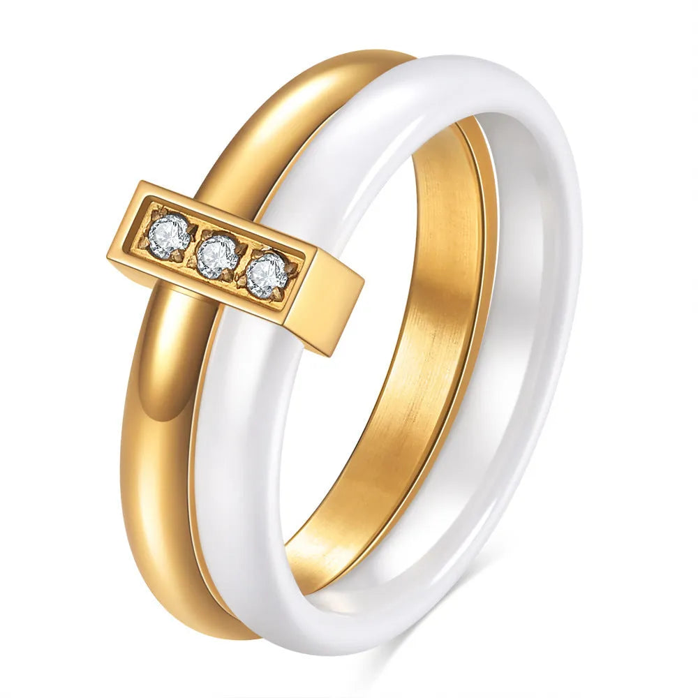 Ceramic women's ring with glossy stitching inlaid zirconium geometric design in steel black or gold white