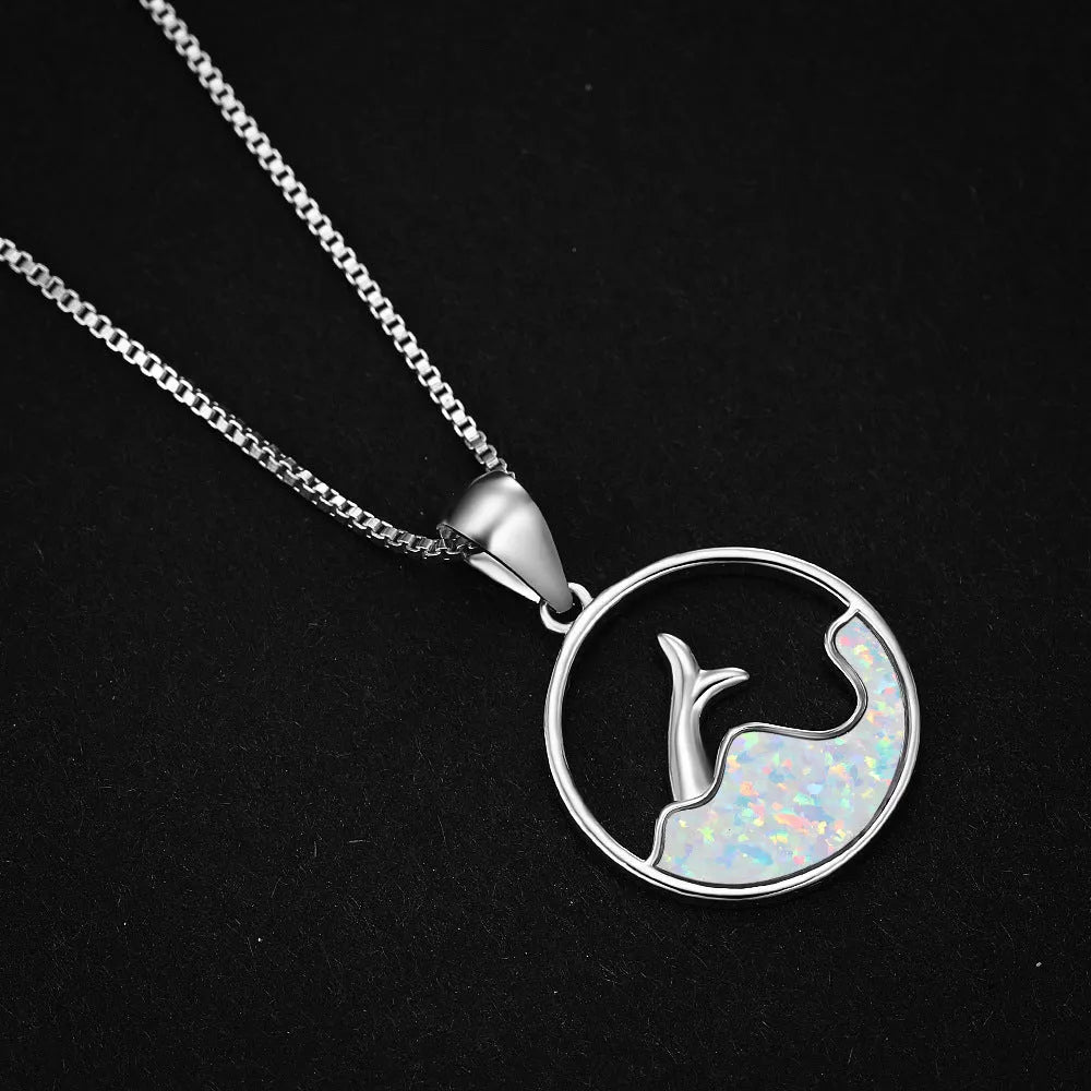 Geometric sea fishtail pendant necklace with a round blue opal stone and white gold electroplated finish