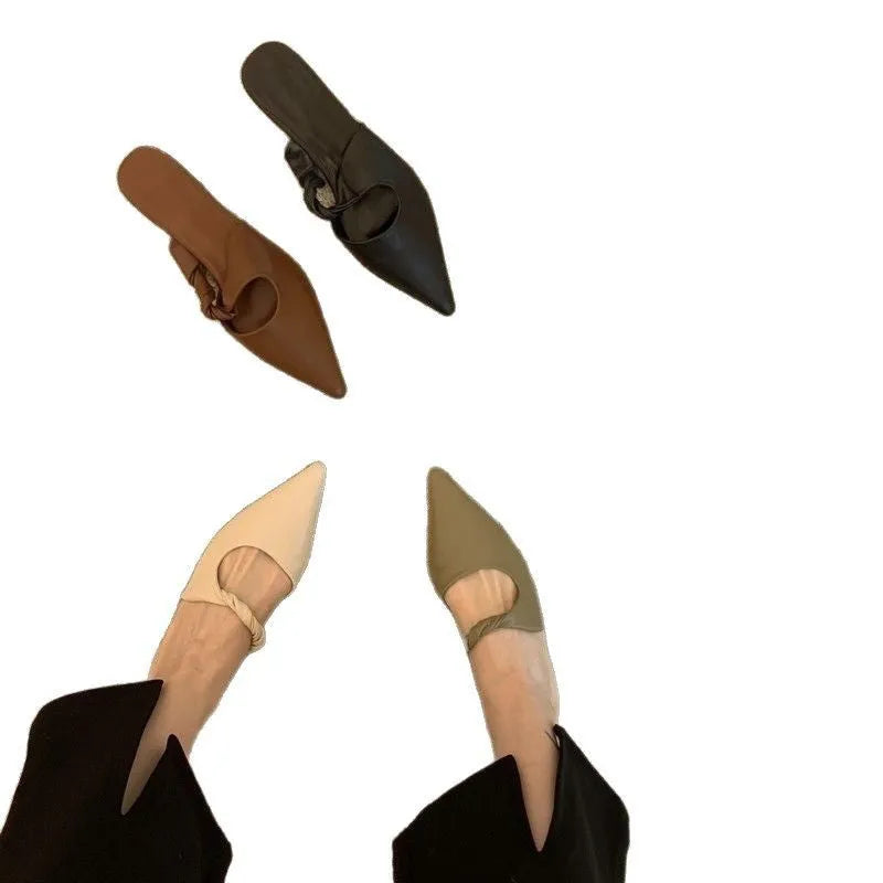 Soft leather women's slippers with semi-toe box design in black, khaki, cream-white, or dark brown.