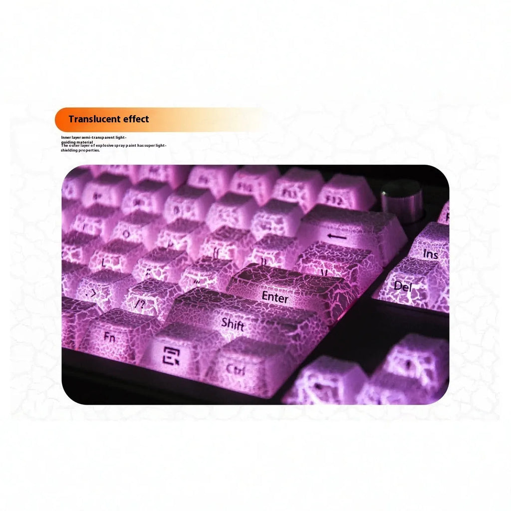 White transparent mechanical keyboard keycap set with side carving details on a dark background.
