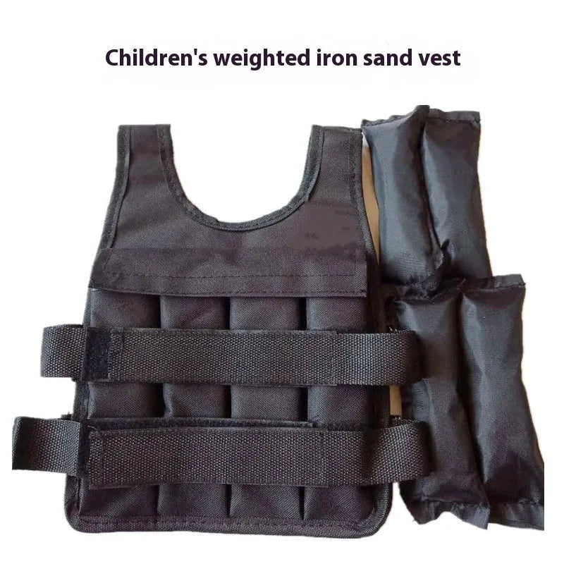 Children's adjustable weighted sand vest in soft voile fabric shown on a mannequin, sized for heights 80cm to 160cm.