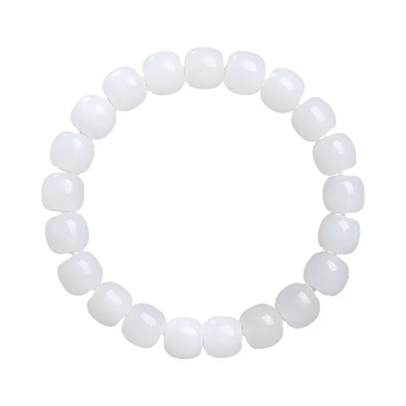 White Hetian jade barrel bead bracelet showing three size options: 5x6mm, 7x8mm, and 8x10mm on a neutral background.