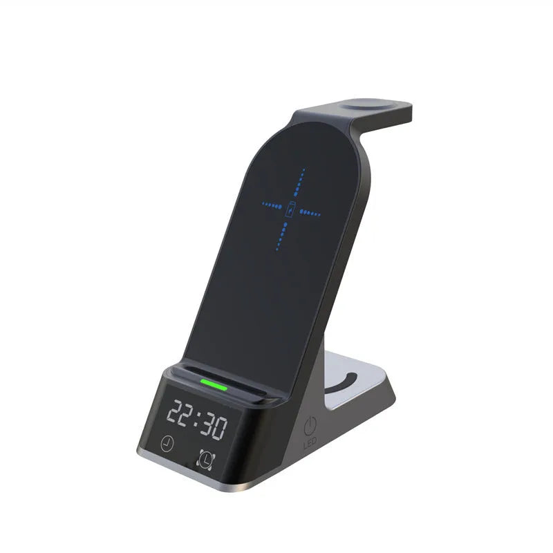 Black multifunctional wireless charging alarm clock with digital display and multiple charging ports.