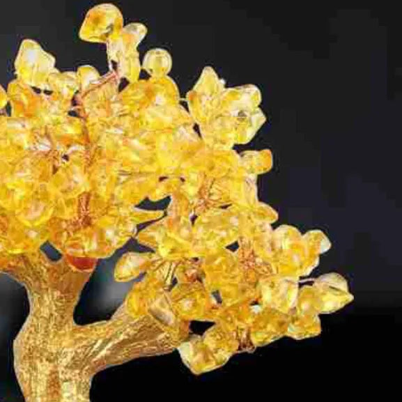Resin Feng Shui ornament of a citrine small water turtle money tree, Chinese style.