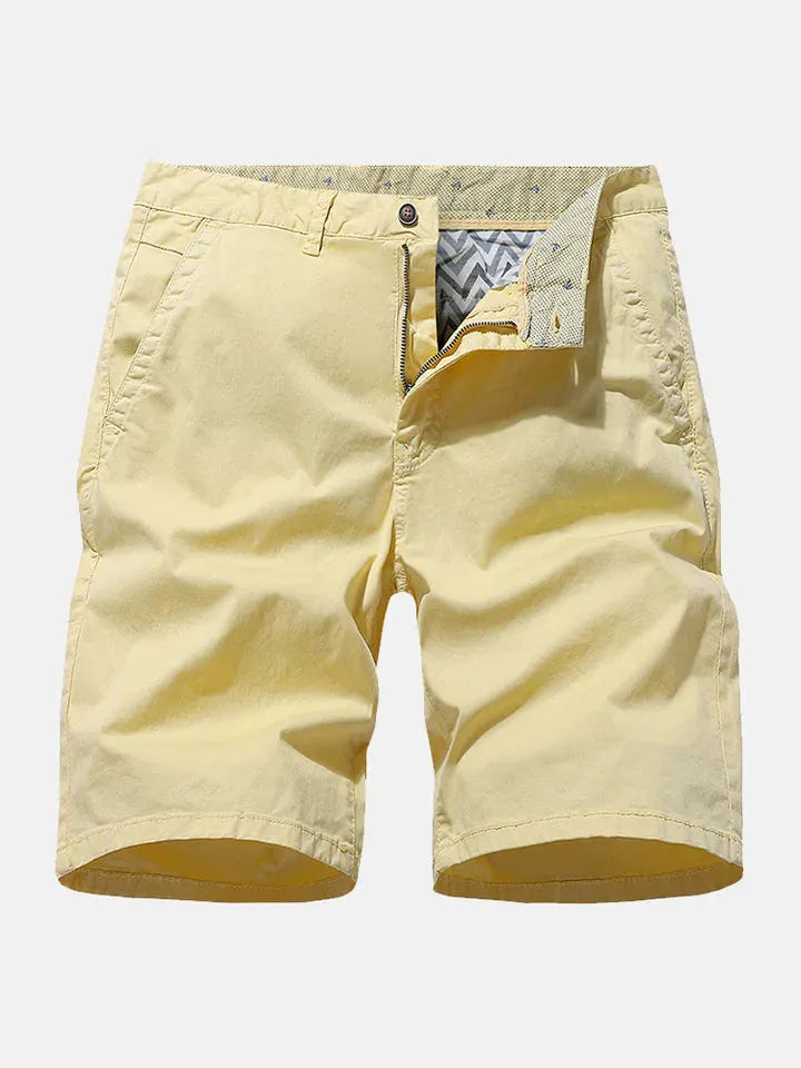 Men's straight-cut denim shorts in blue, shown laid flat, highlighting the no-belt waistband.