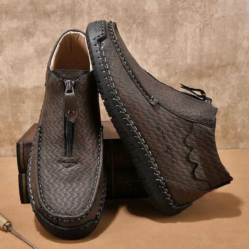 Men's black slip-on loafers with round toe and rubber sole shown in size 45