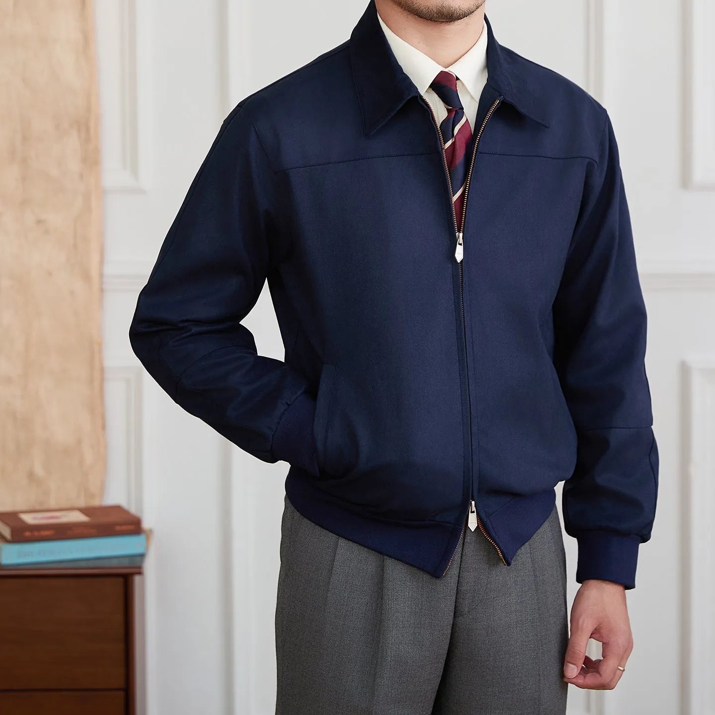 Men's suede bomber jacket with turn-down collar and zip front in apricot colour, long sleeves