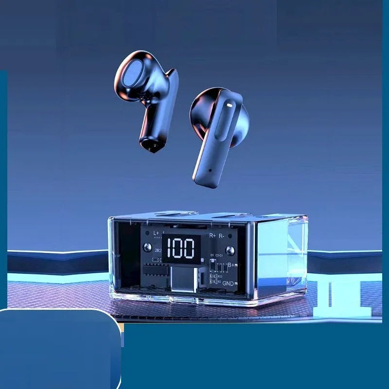 Transparent space capsule case true wireless Bluetooth earbuds with digital display screen