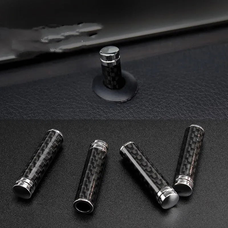 Set of four carbon fibre and metal car door lift decorative covers for direct replacement installation.