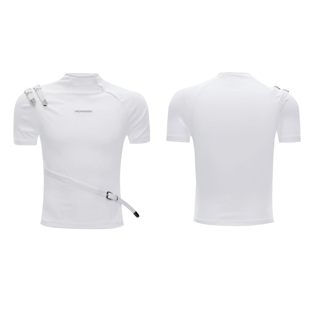 Men's slim fit cotton T-shirt with metal belt design on stand-up collar in black or white