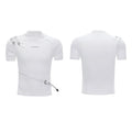 Men's slim fit cotton T-shirt with metal belt design on stand-up collar in black or white