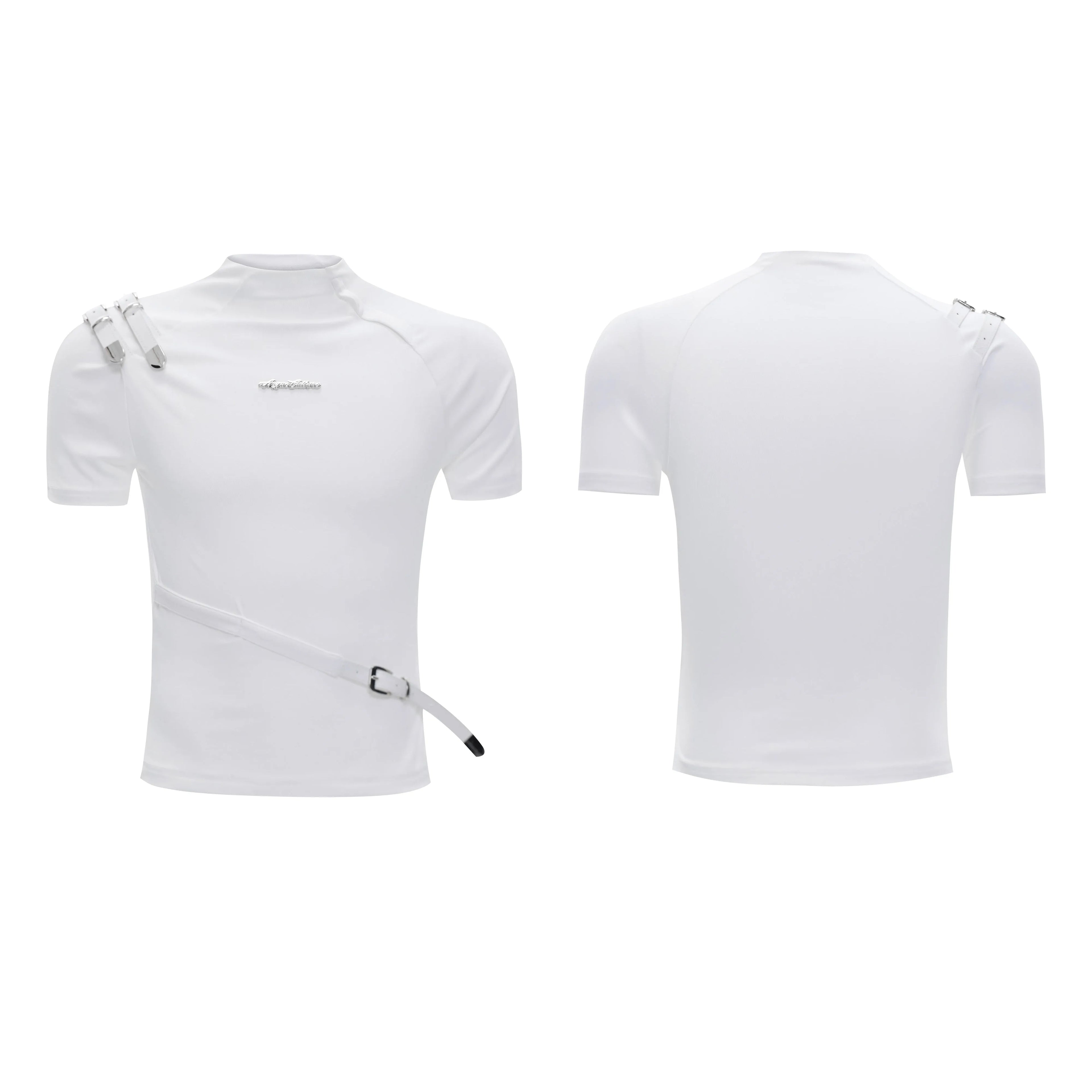 Men's slim fit cotton T-shirt with metal belt design on stand-up collar in black or white