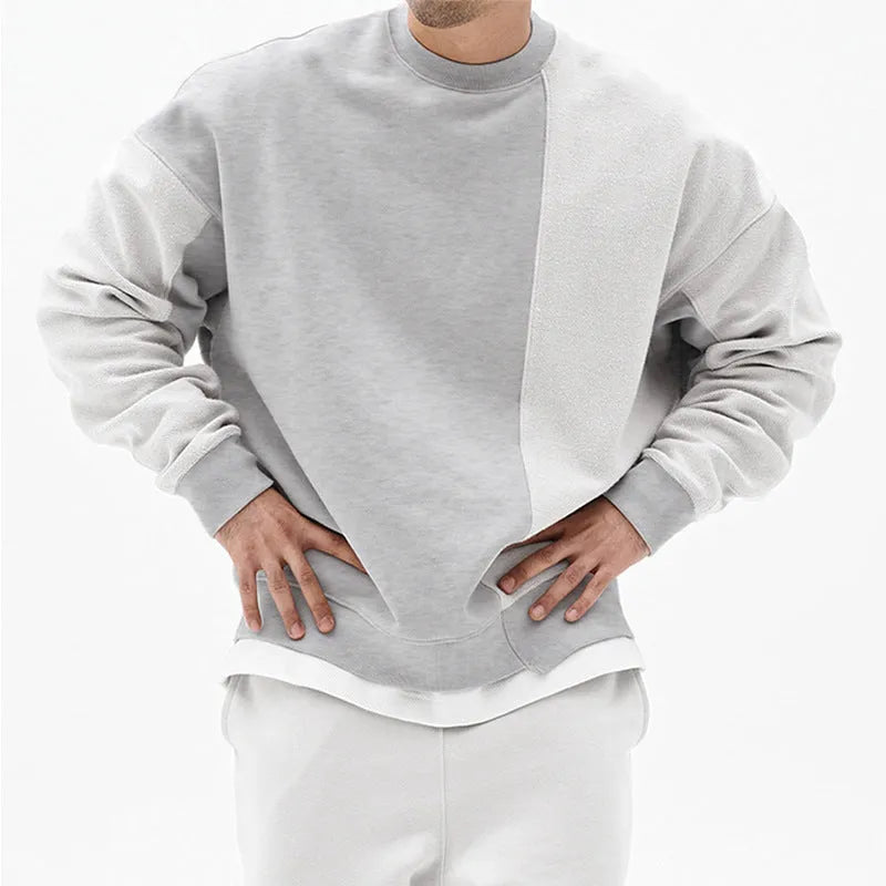 Men's loose fit pullover round neck sweater in khaki cotton blend long sleeve plain pattern