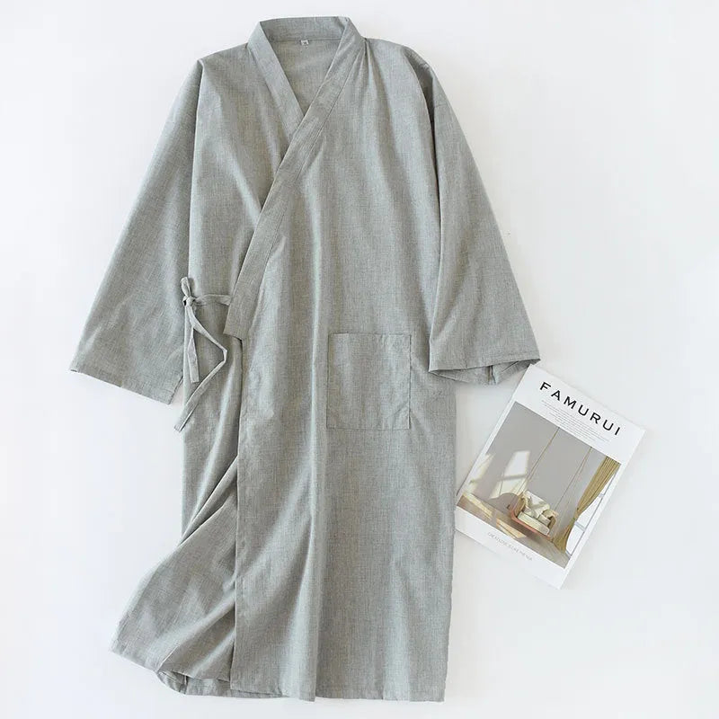 Men's woven cotton grey gauze mid-length nightgown home bathrobe summer lounging wear