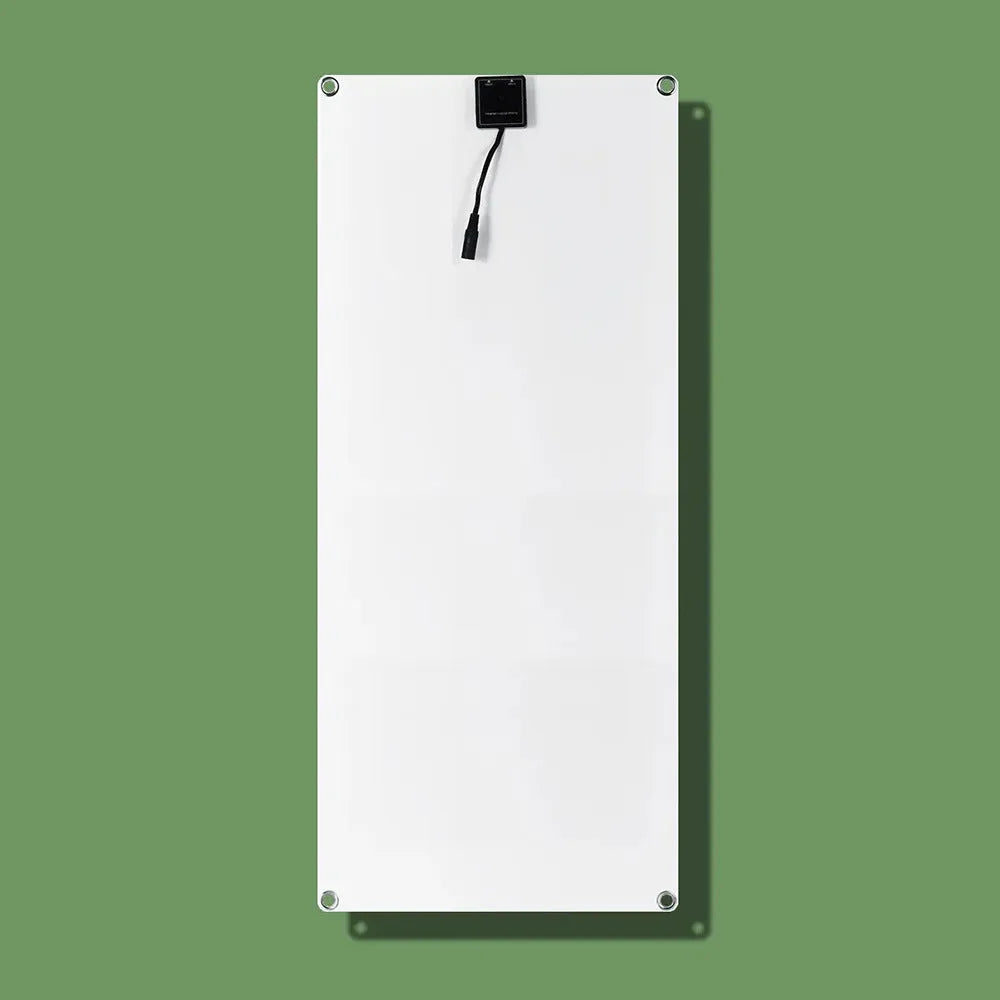30W semi-flexible outdoor solar charging panel showing USB port and 18V output cable