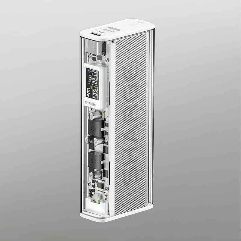 Transparent plastic power bank with 20000mAh capacity showing internal components