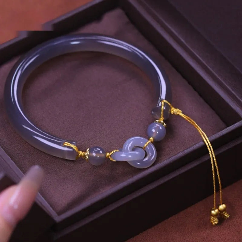 Smoke purple and grey agate half bracelet for women with a metal ring buckle clasp.