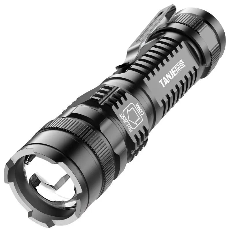 Black aluminium alloy mini telescopic LED flashlight with adjustable zoom focus and clip for daily carry
