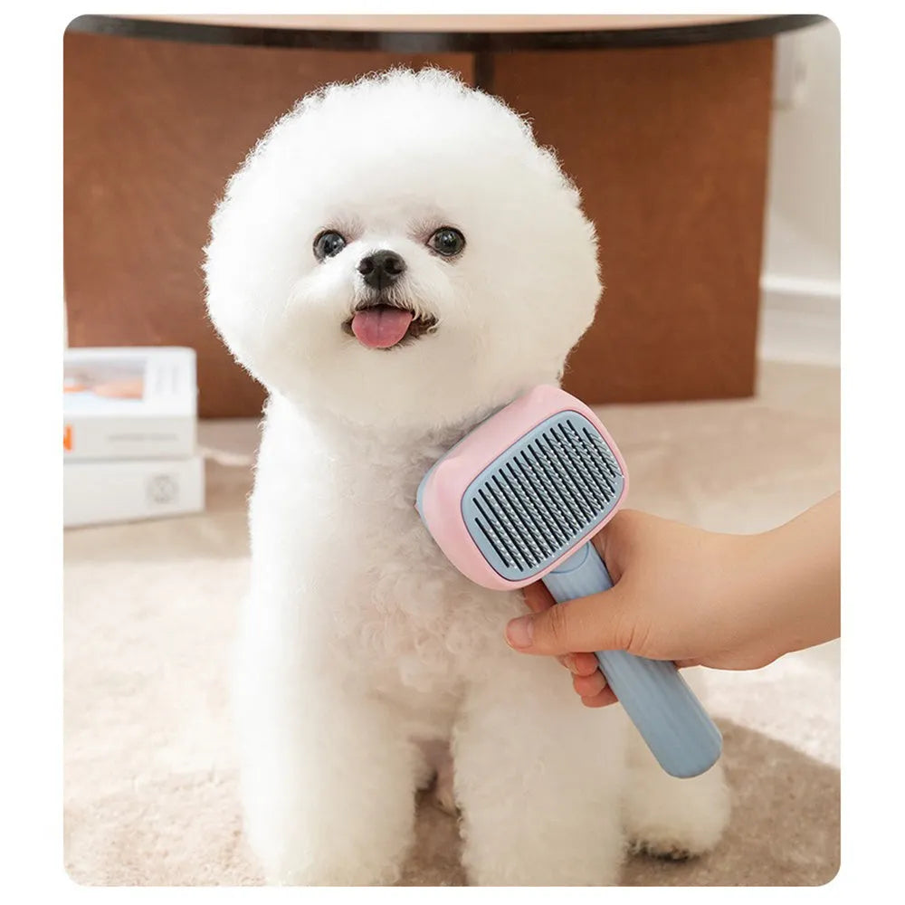 Blue and green dual-sided pet grooming brush with a deshedding rake and dematting comb.