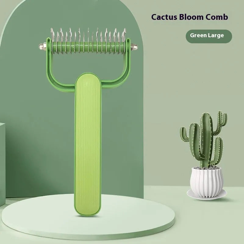 Green or grey dog grooming comb with stainless steel unknotting teeth and plastic handle.
