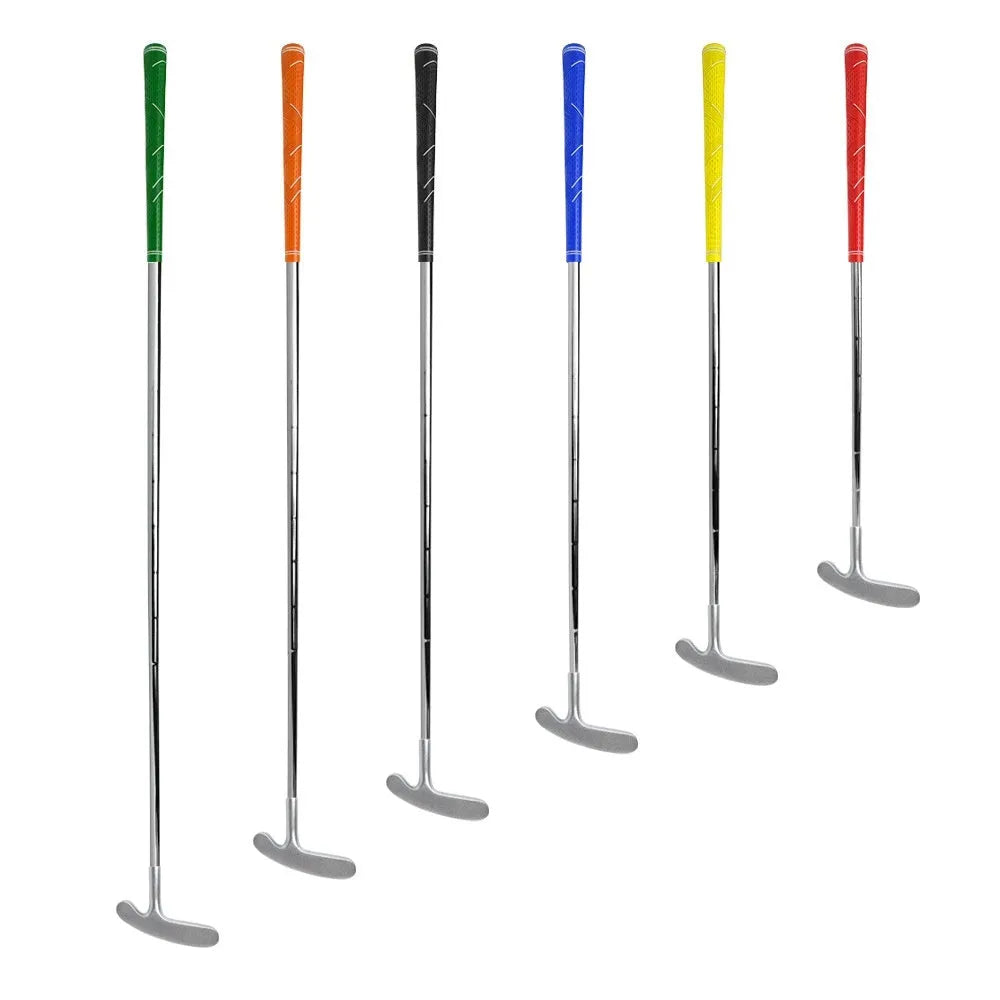 Stainless steel golf putting rod with pattern grip in black on a putting green